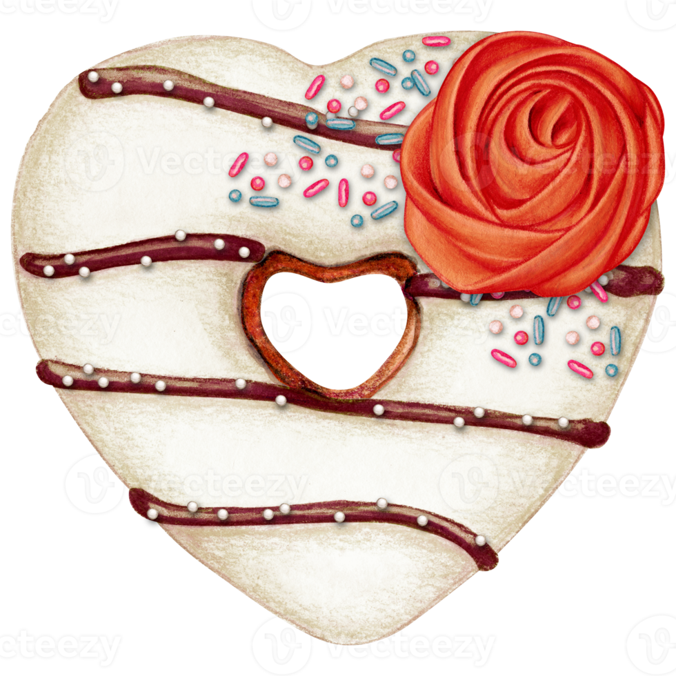 watercolor hand drawn heart shaped donut png