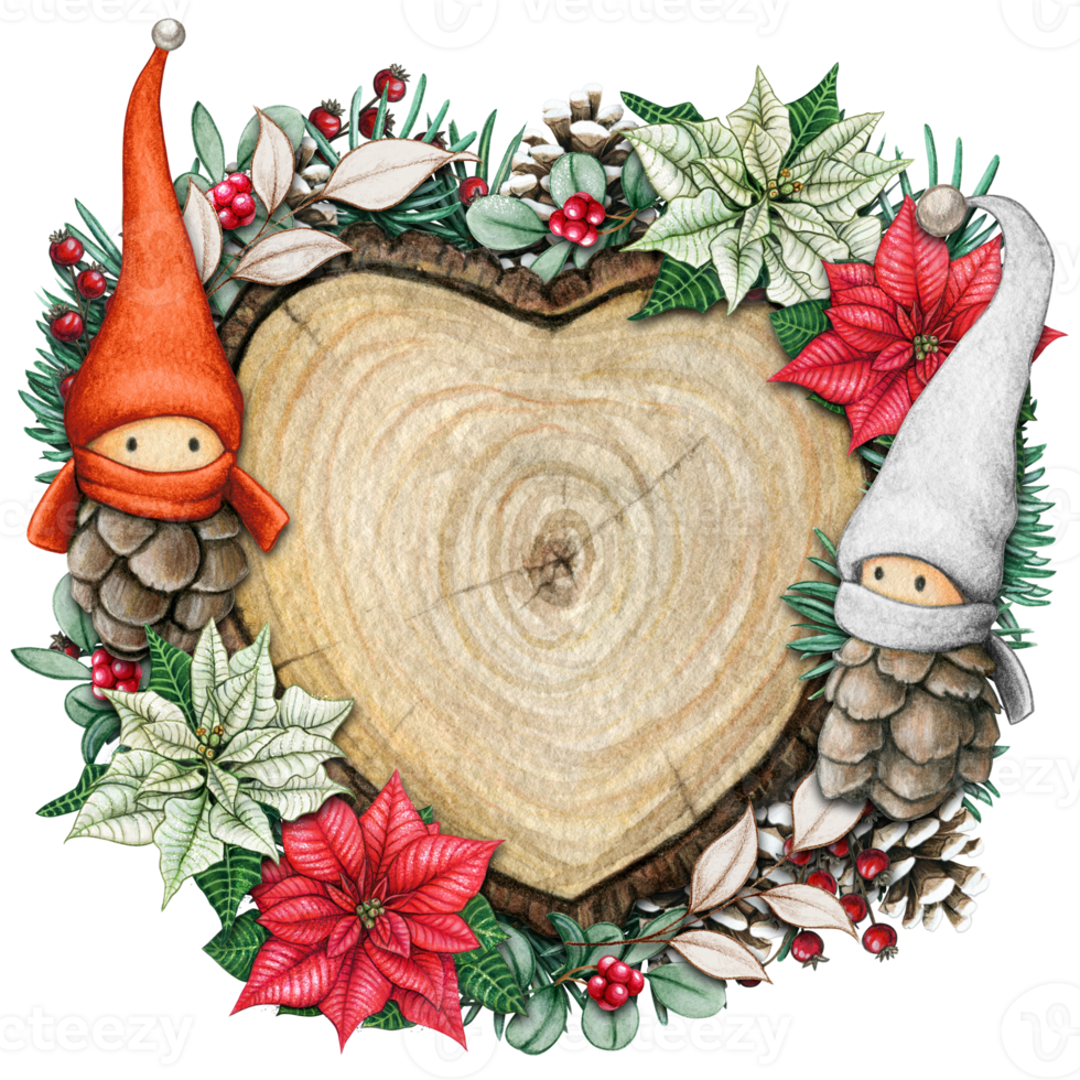 watercolor hand drawn wooden heart slice with elves, pinecones and pine branches png