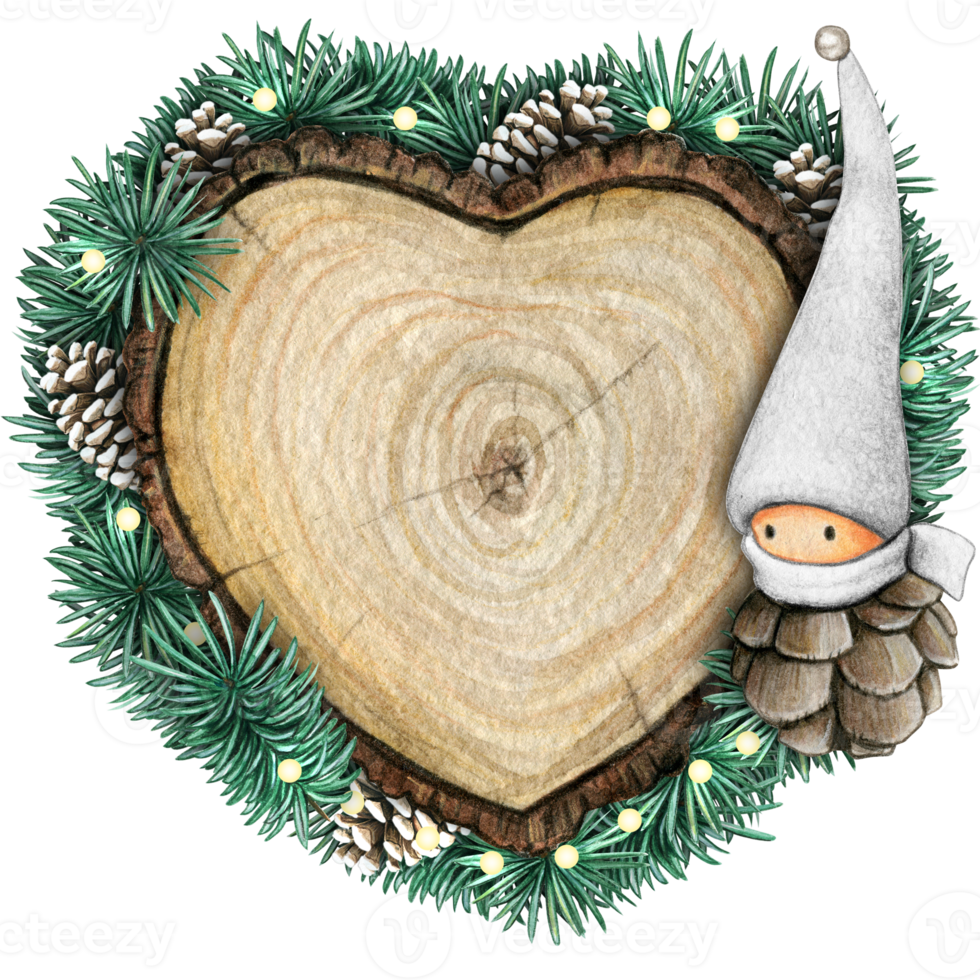 watercolor hand drawn wooden heart slice with elves, pinecones and pine branches png