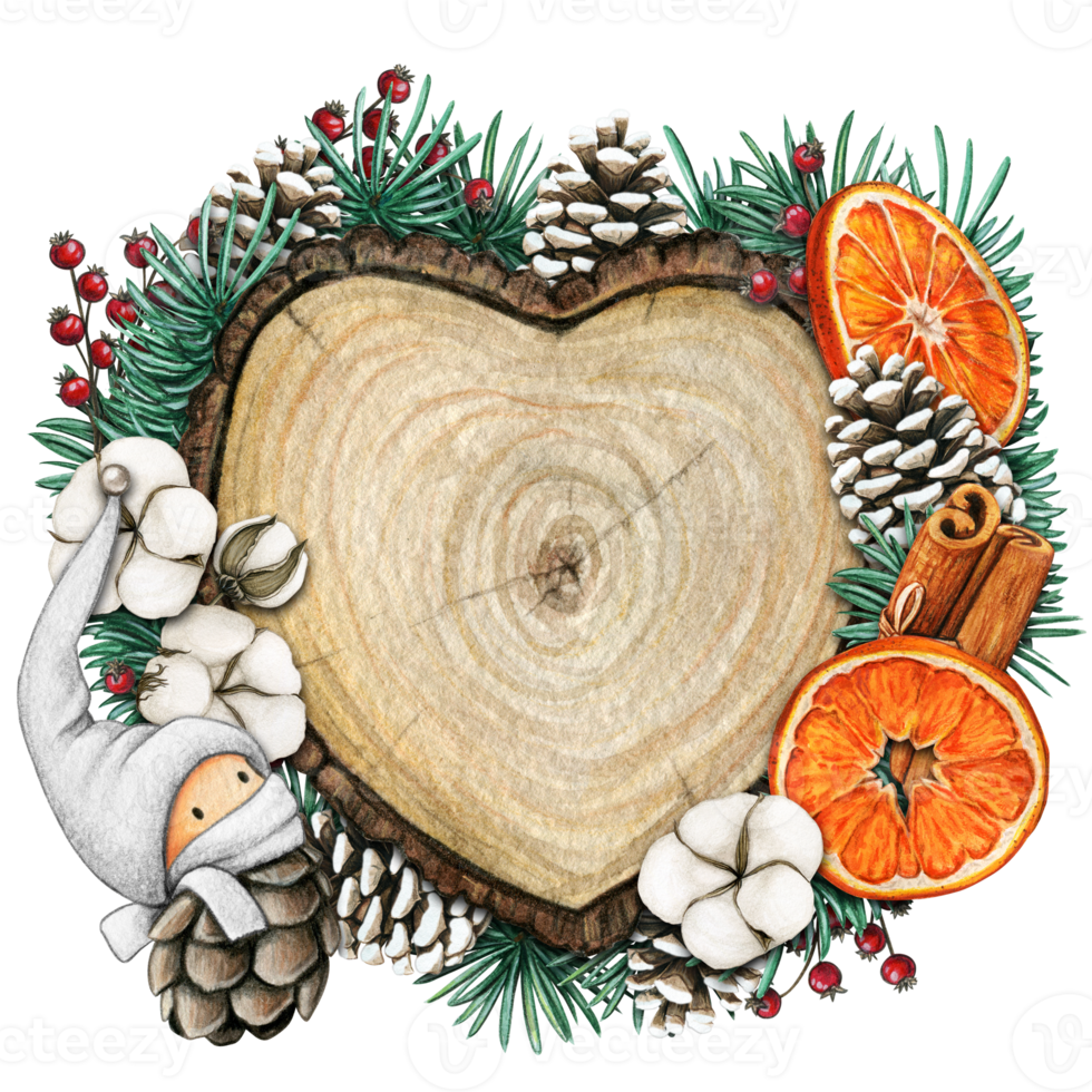 watercolor hand drawn wooden heart slice with elves, pinecones and pine branches png