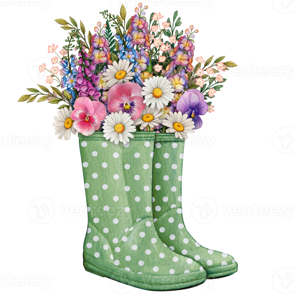 watercolor rubber boots with floral bouquet png