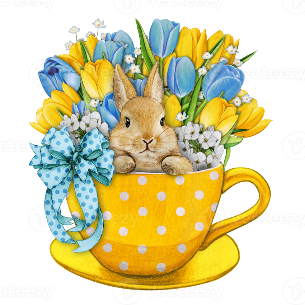 Watercolor hand drawn cute bunny in a tea cup png