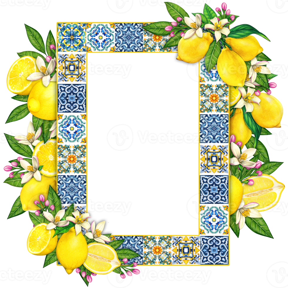 Watercolor mediterranean frame with lemons and traditional tiles png