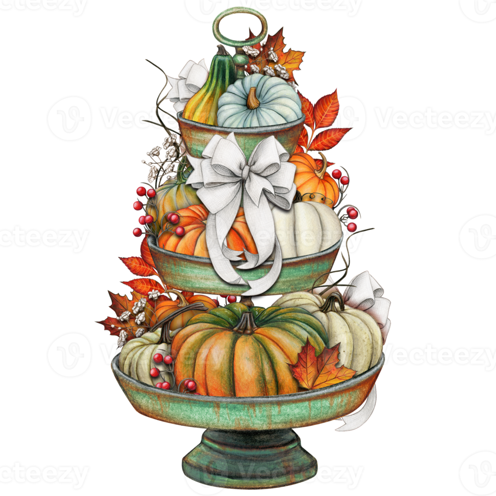 Watercolor hand drawn fall decorated tiered tray png