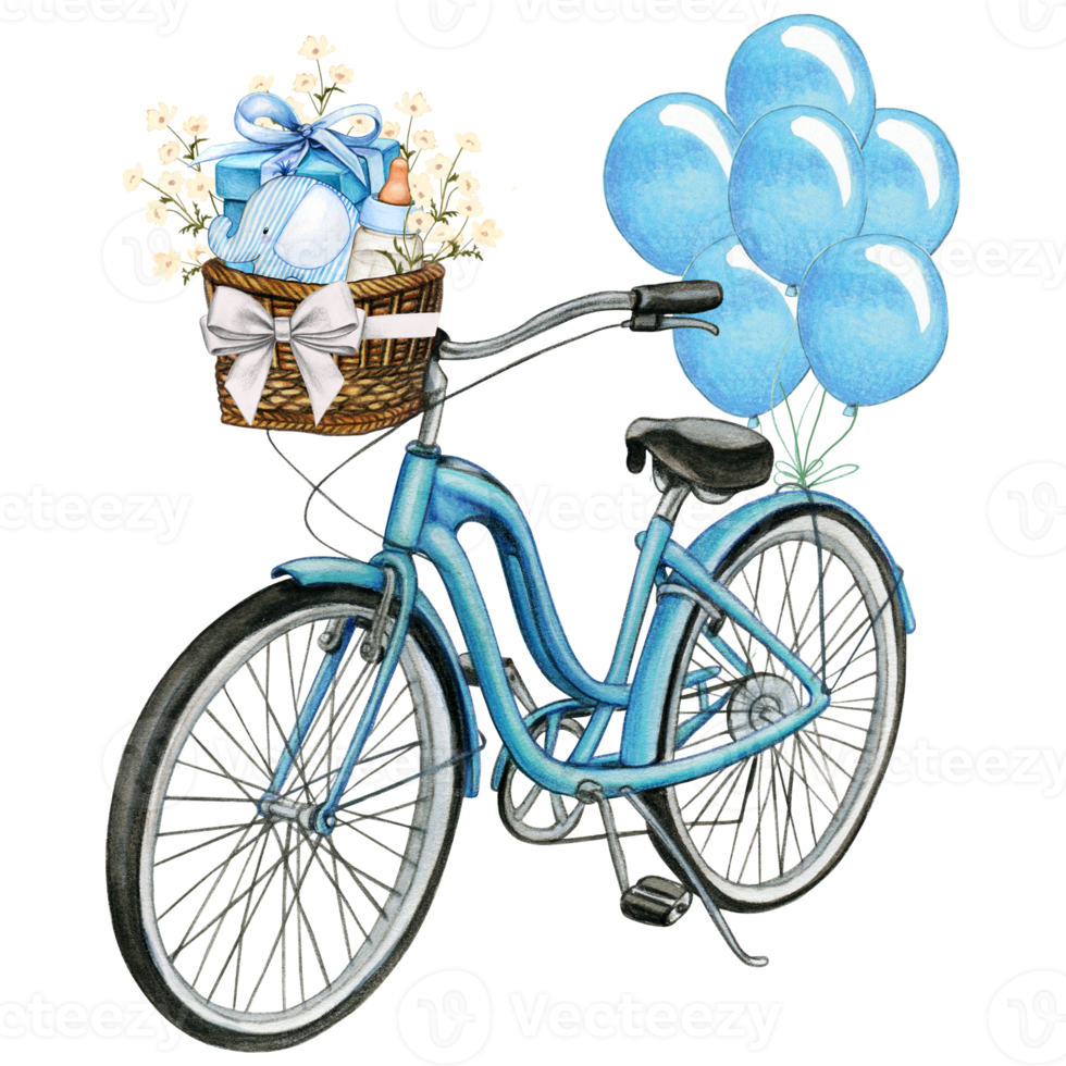 Watercolor baby shower blue bike png