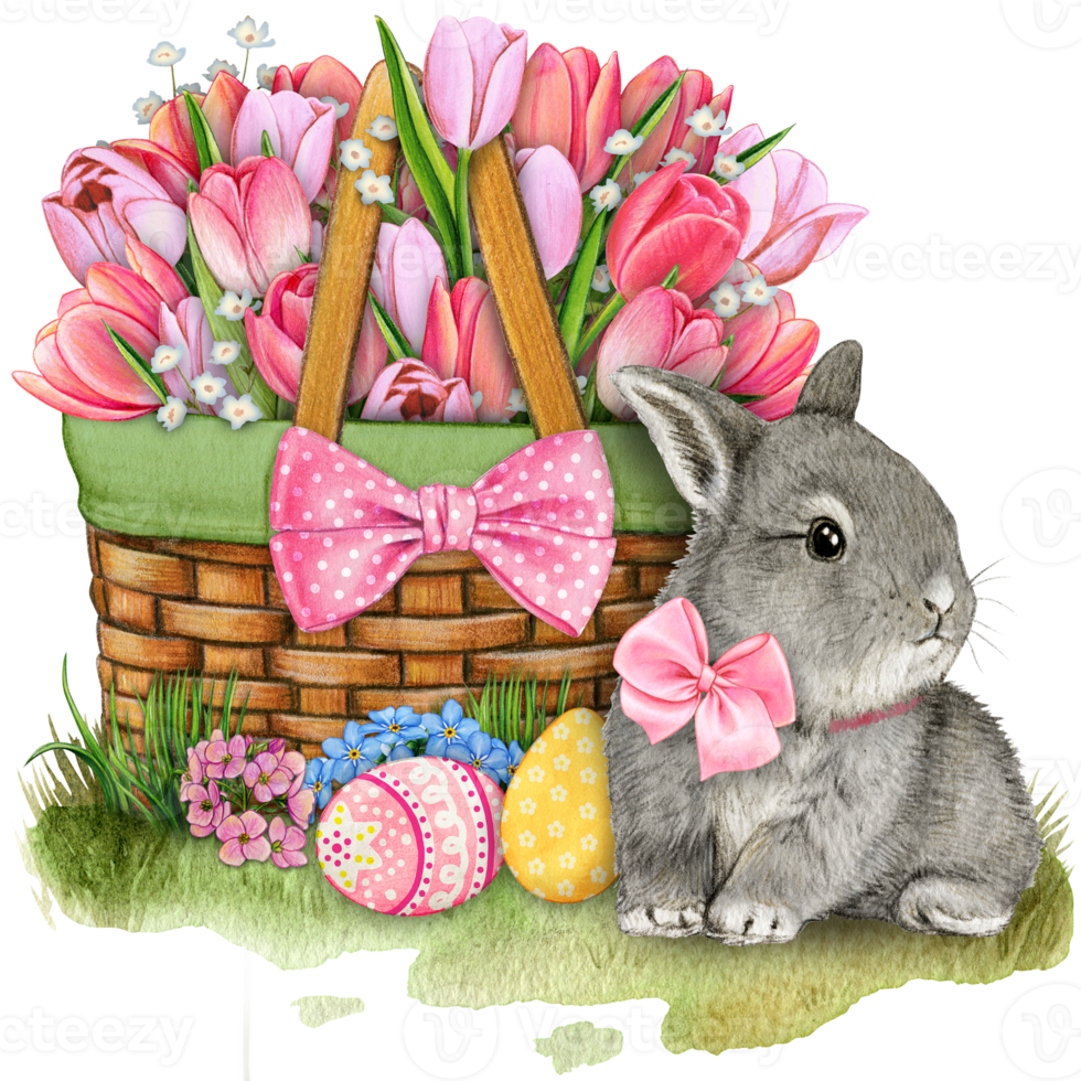 watercolor hand drawn floral basket with bunny and easter eggs png