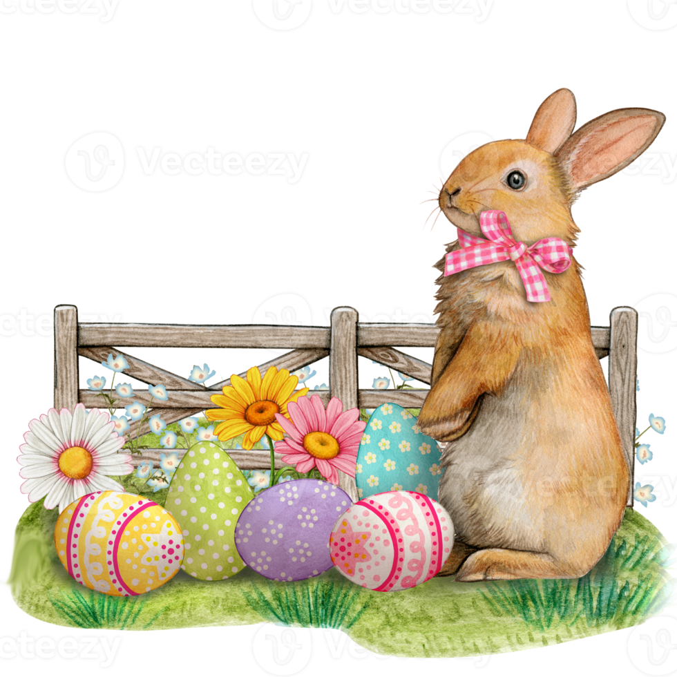 Watercolor easter bunny on contryside with decorated eggs png