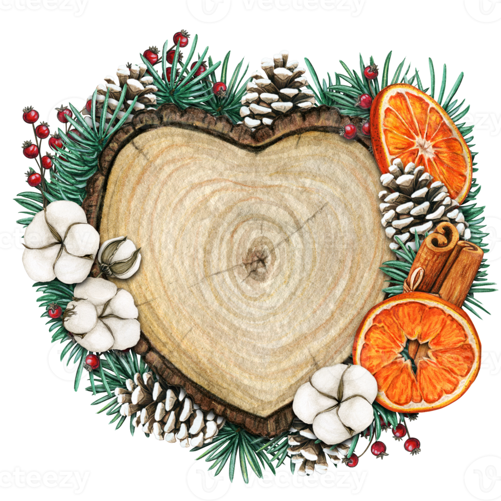 watercolor hand drawn wooden heart slice with elves, pinecones and pine branches png