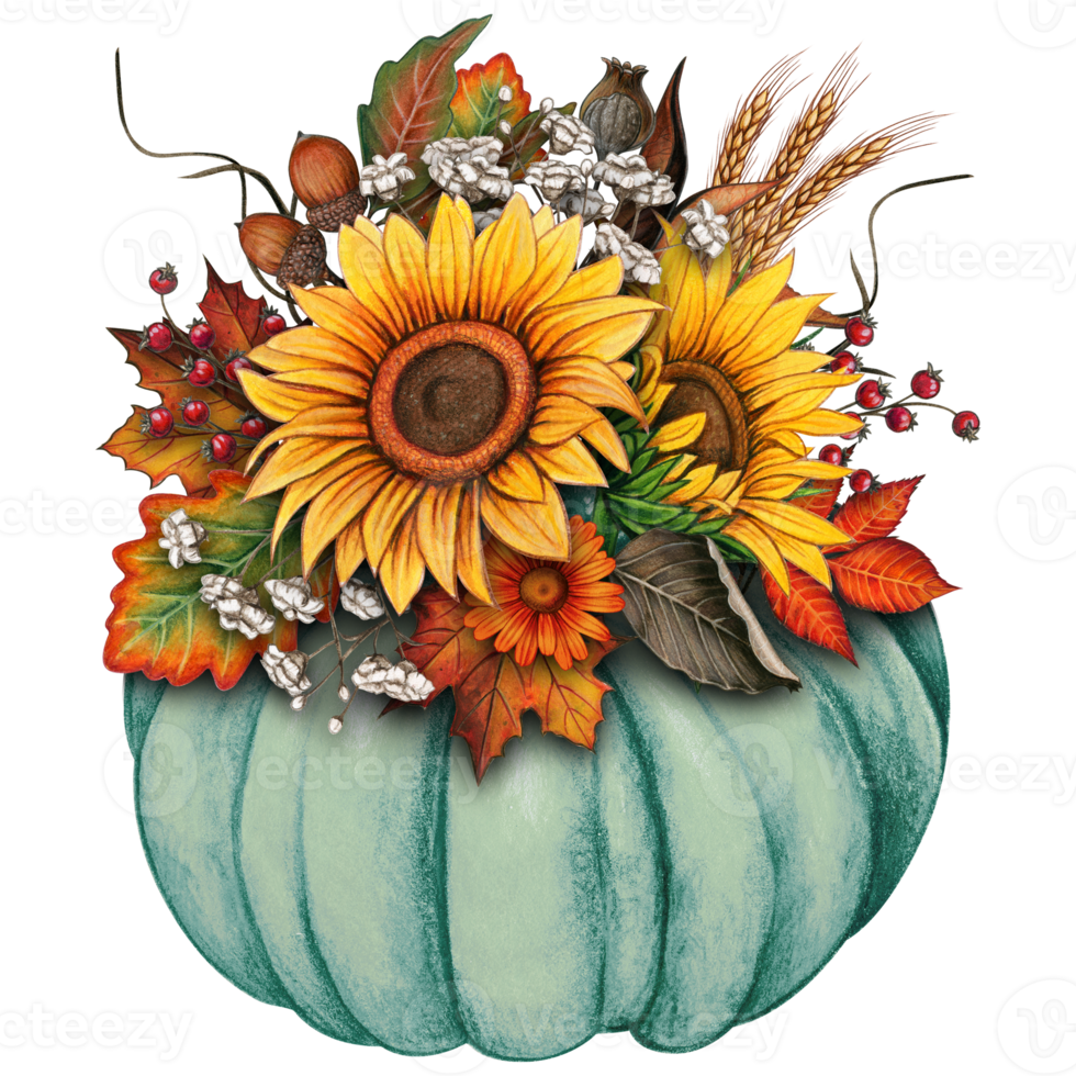 watercolor fall composition with pumpkin, sunflowers, dry herbs png