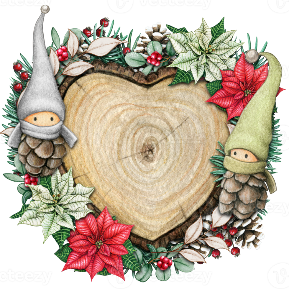 watercolor hand drawn wooden heart slice with elves, pinecones and pine branches png