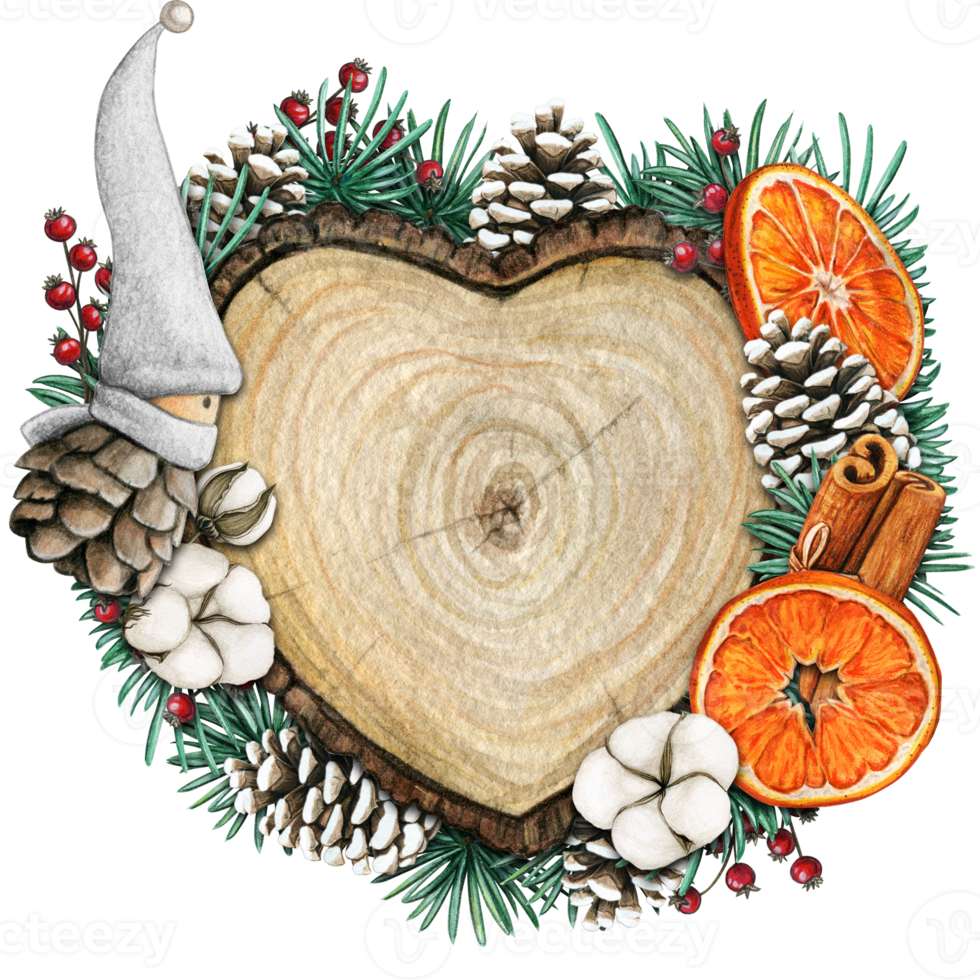 watercolor hand drawn wooden heart slice with elves, pinecones and pine branches png
