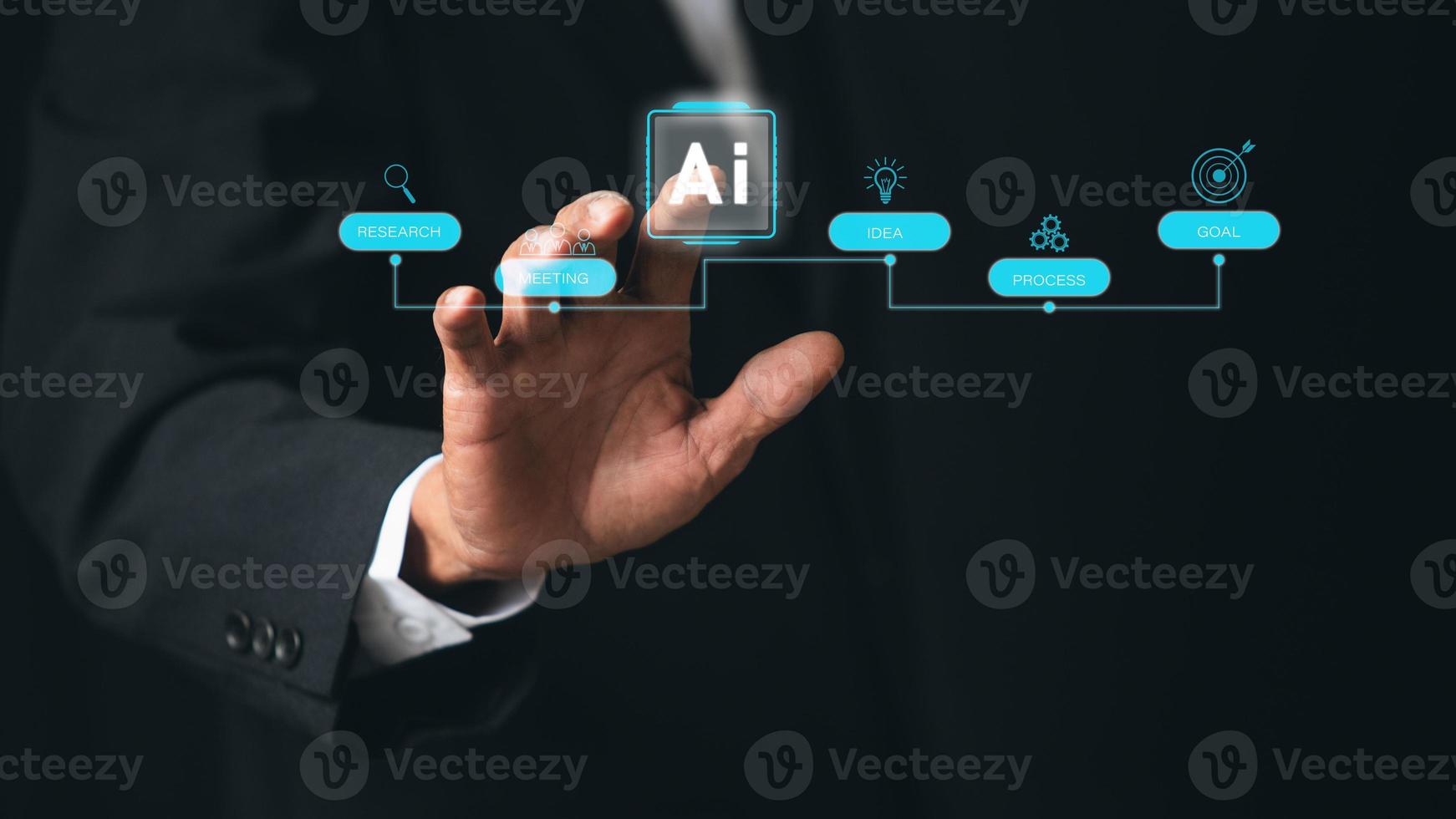 tecnología y personas concepto hombre utilizar ai a ayuda trabajar, ai aprendizaje y artificial inteligencia concepto. negocio, moderno tecnología, Internet y redes concepto. ai tecnología en todos los días vida. foto