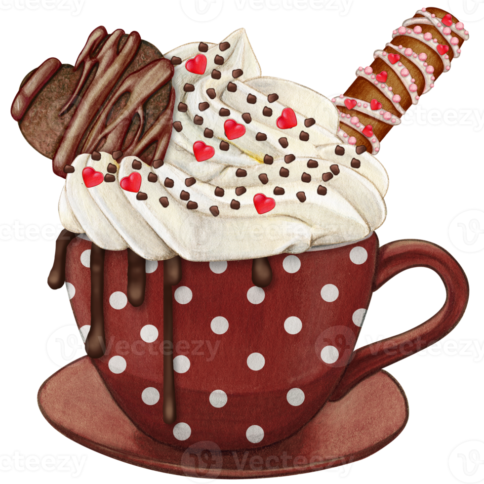Watercolor hand drawn dotted chocolate cup with cream and cookies png