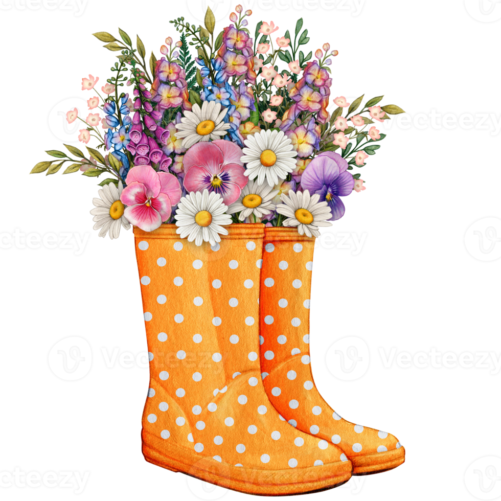Aquarell Gummi Stiefel mit Blumen- Strauß png