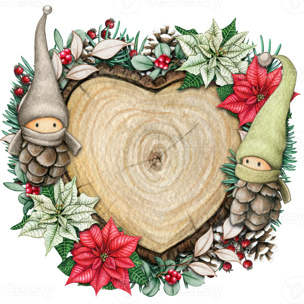 watercolor hand drawn wooden heart slice with elves, pinecones and pine branches png