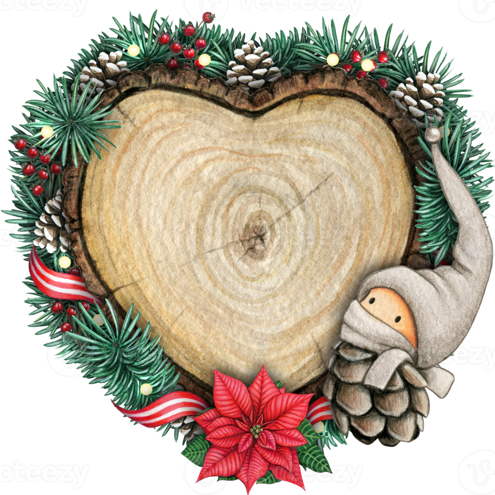watercolor hand drawn wooden heart slice with elves, pinecones and pine branches png