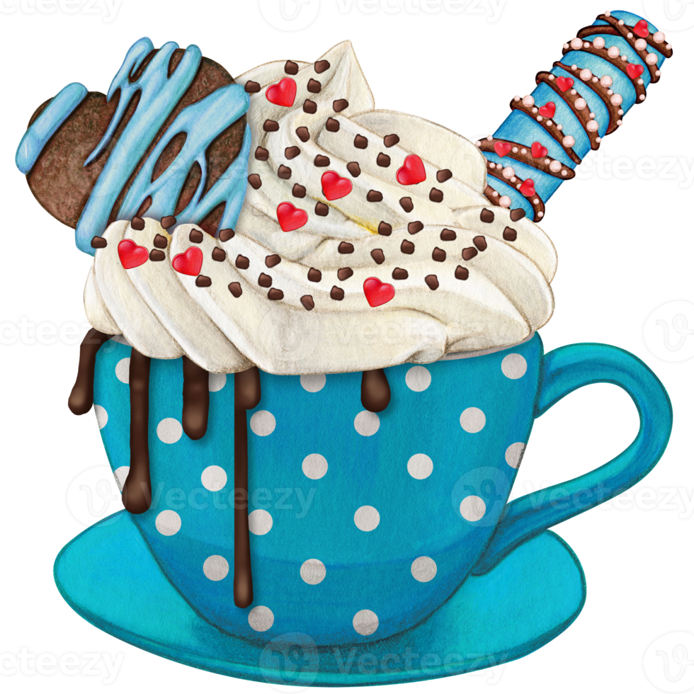 acuarela mano dibujado punteado chocolate taza con crema y galletas png