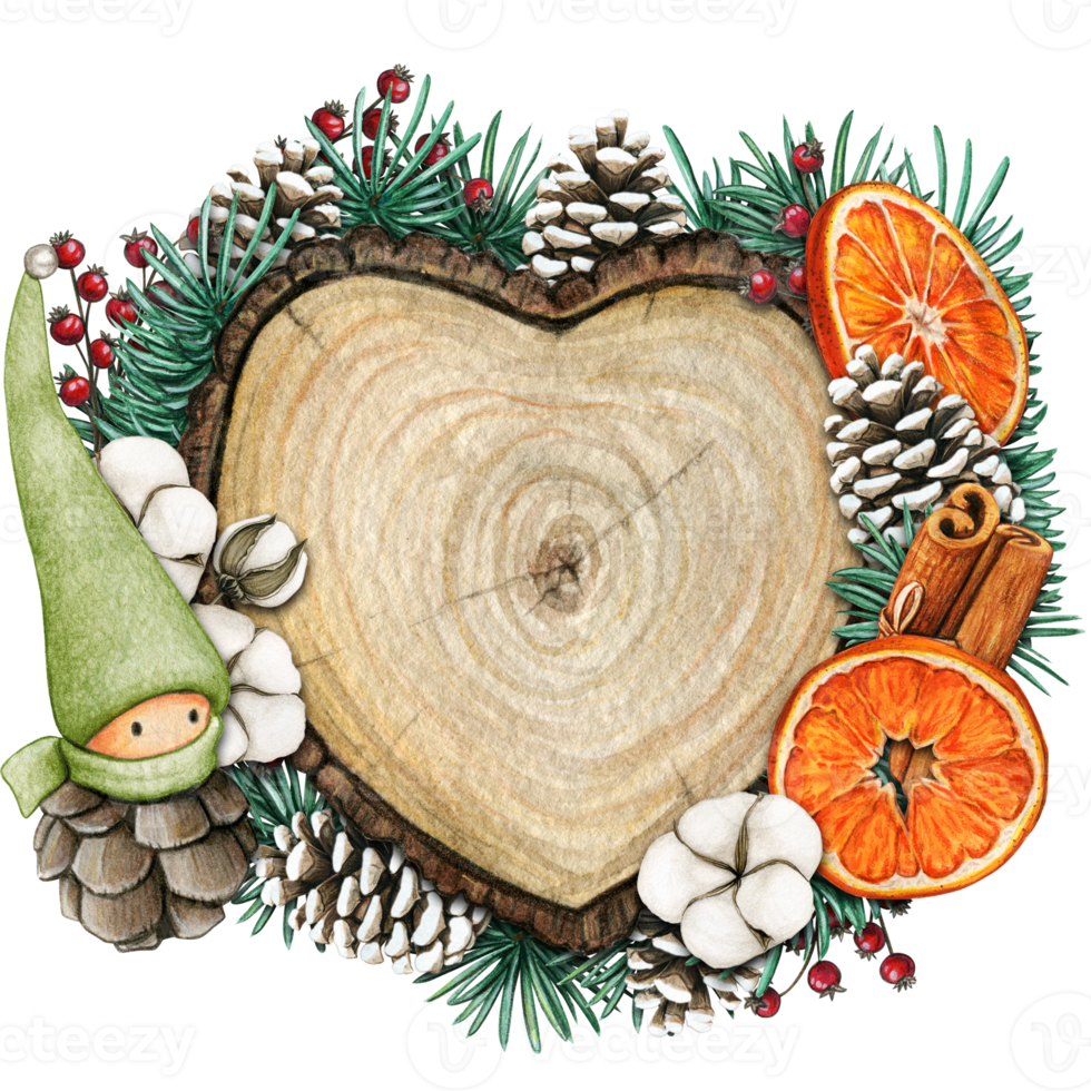 watercolor hand drawn wooden heart slice with elves, pinecones and pine branches png