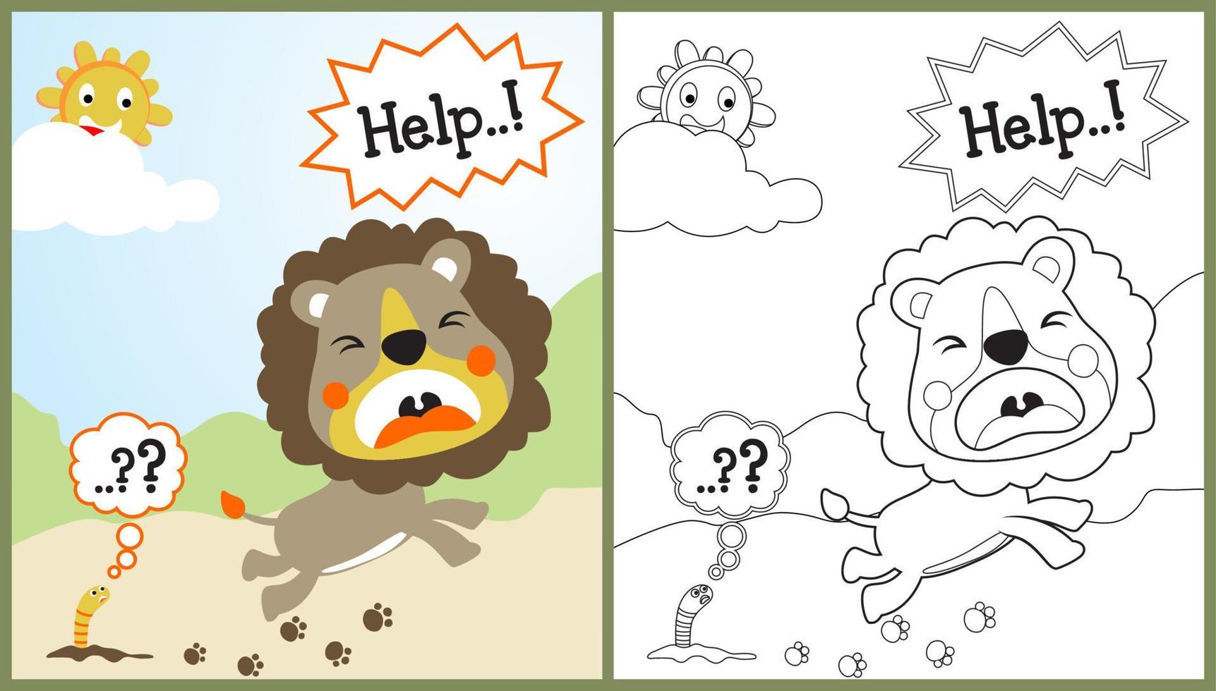 vector cartoon of funny lions are afraid of worms, humor cartoon, coloring page or book
