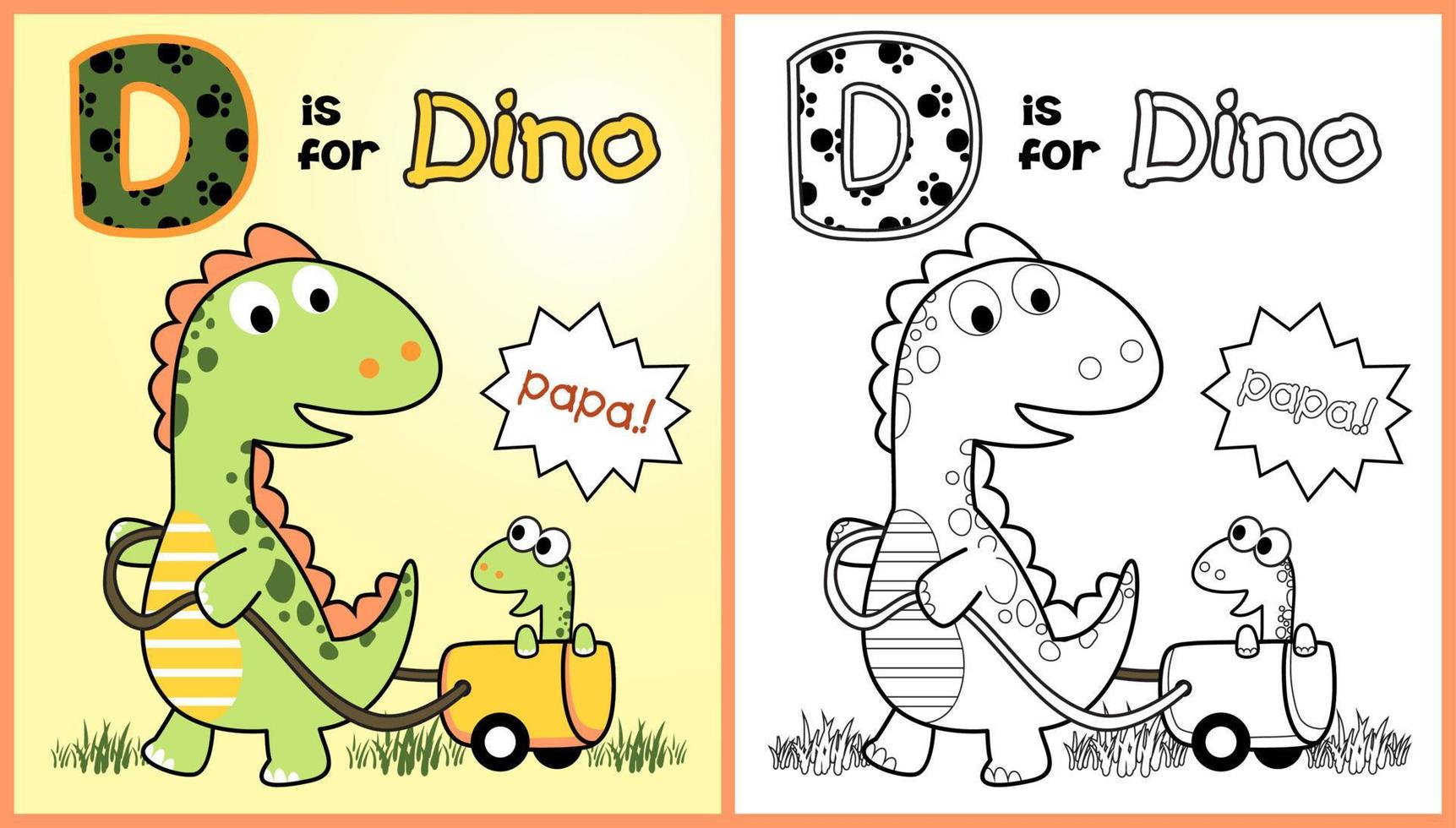 Funny dinosaur pulling its cub with cart, vector cartoon illustration, coloring page or book