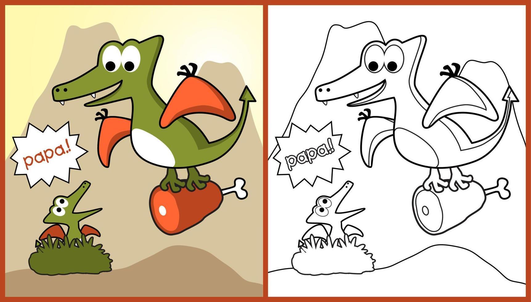 Funny dinosaur carrying meat for its cub in nest on volcanoes background, vector cartoon illustration, coloring page or book