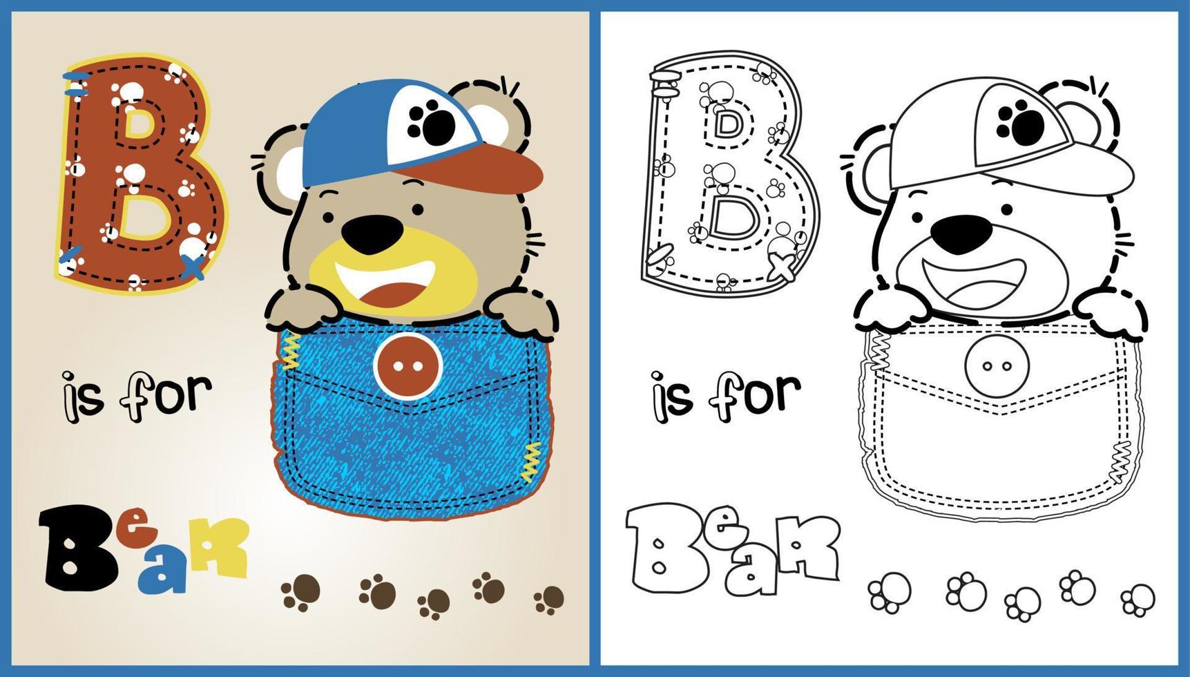 vector cartoon of cute bear on pocket, coloring page or book