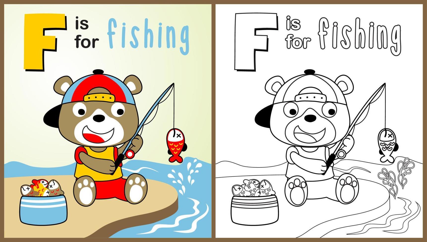 Cute bear fishing in river, vector cartoon illustration, coloring page or book