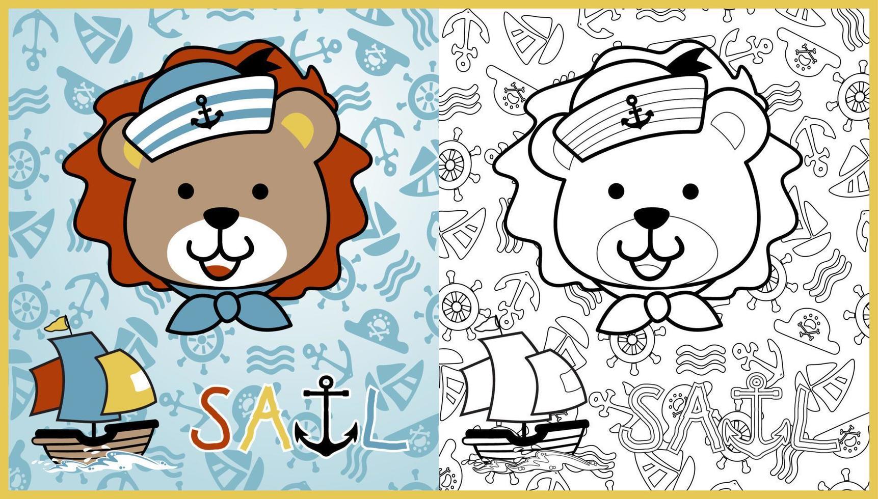 vector cartoon of cute lion the sailor with sail boat on sailing element background pattern, coloring book or page