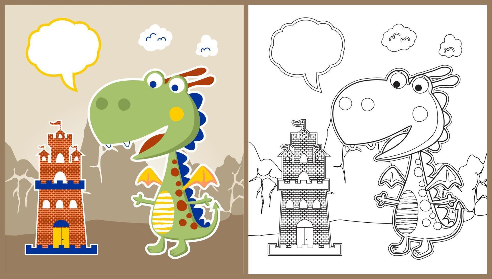 vector cartoon of cute dragon with small castle on mountain background, coloring page or book