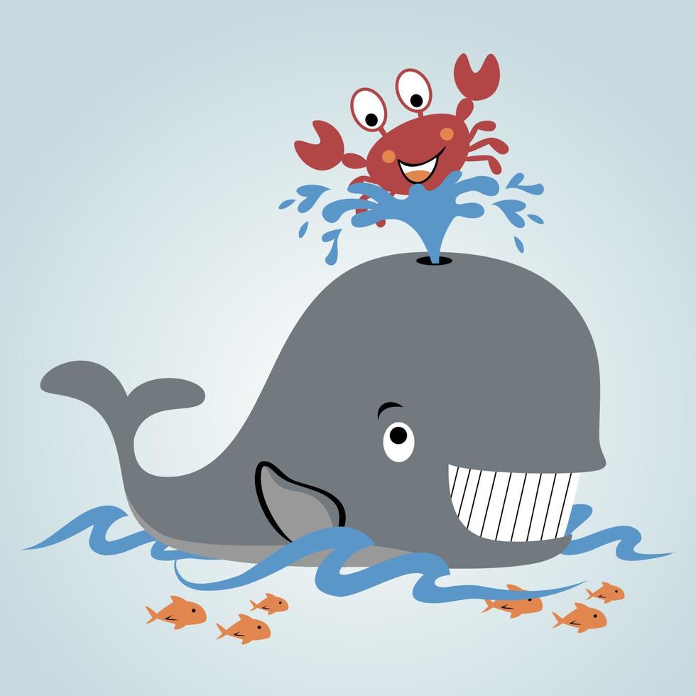 Funny whale and crab with fish in the sea, vector cartoon illustration