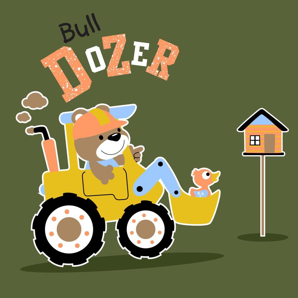 cute bear driving bulldozer with little duck, vector cartoon illustration