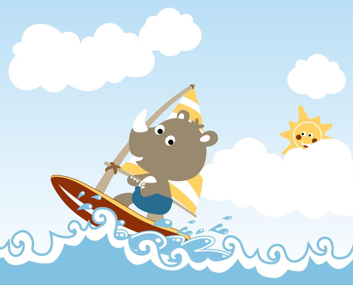 Cute rhino play windsurf in the beach, smiling sun behind clouds, vector cartoon illustration
