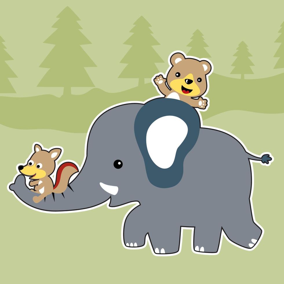 Little bear with fox playing ride on elephant, vector cartoon illustration