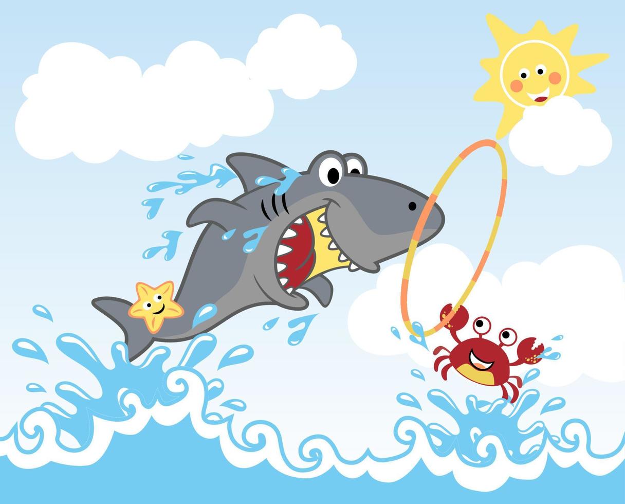 funny shark playing jump ring in the sea with crab and starfish, smiling sun behind clouds, vector cartoon illustration