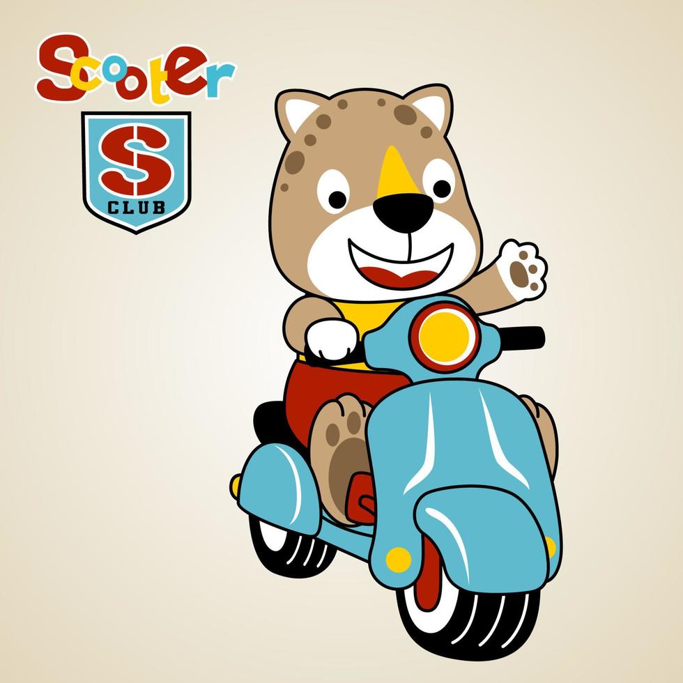 cute leopard riding scooter, vector cartoon illustration