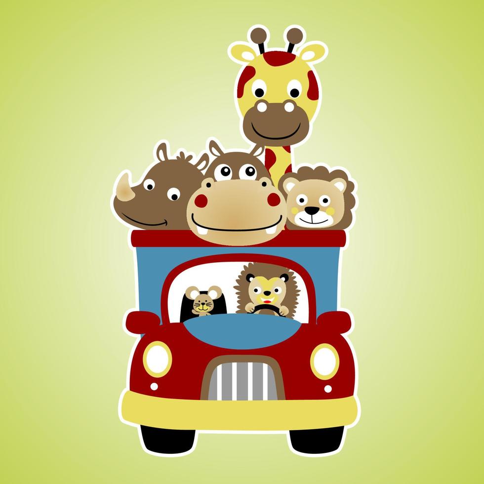 Group of cute animals on truck, vector cartoon illustration