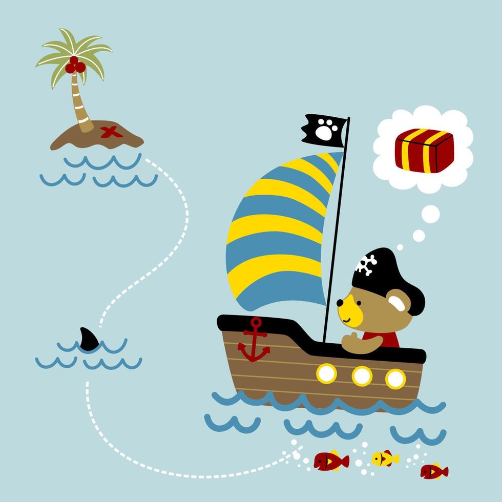 little bear on sailboat go to small island, pirate elements, vector cartoon illustration