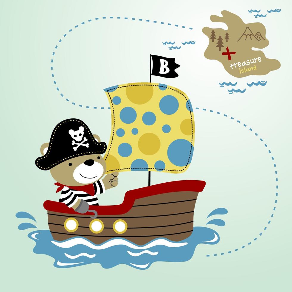 Cute bear in pirate costume on sailboat going to treasure island, vector cartoon illustration