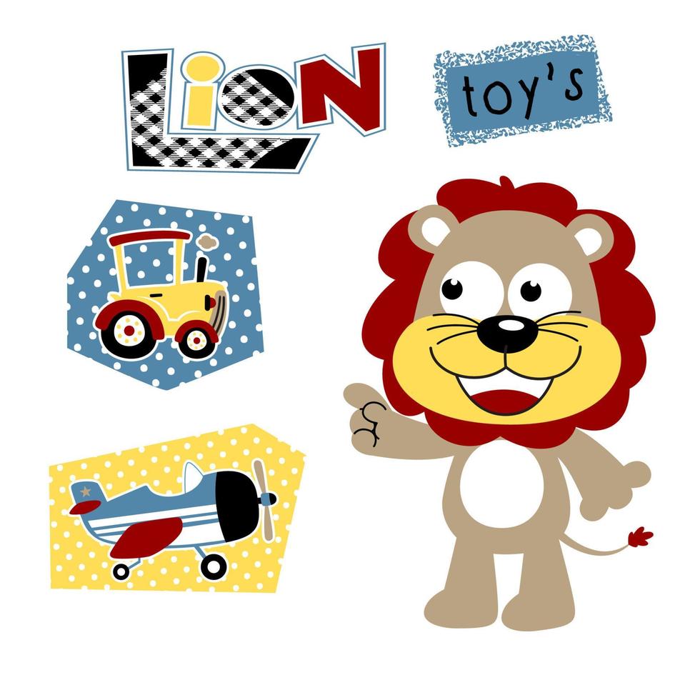 cute lion with it toys, vector cartoon illustration