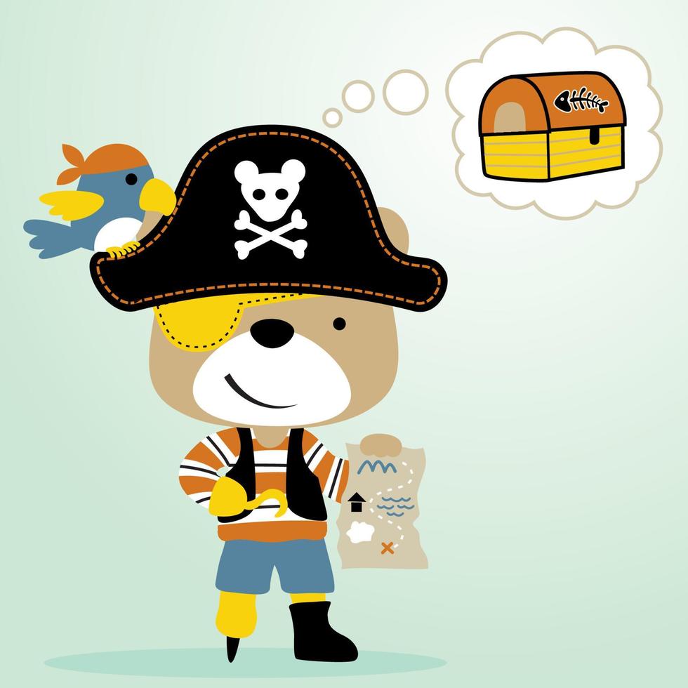 funny bear in pirate costume with cute bird, pirate element, vector cartoon illustration