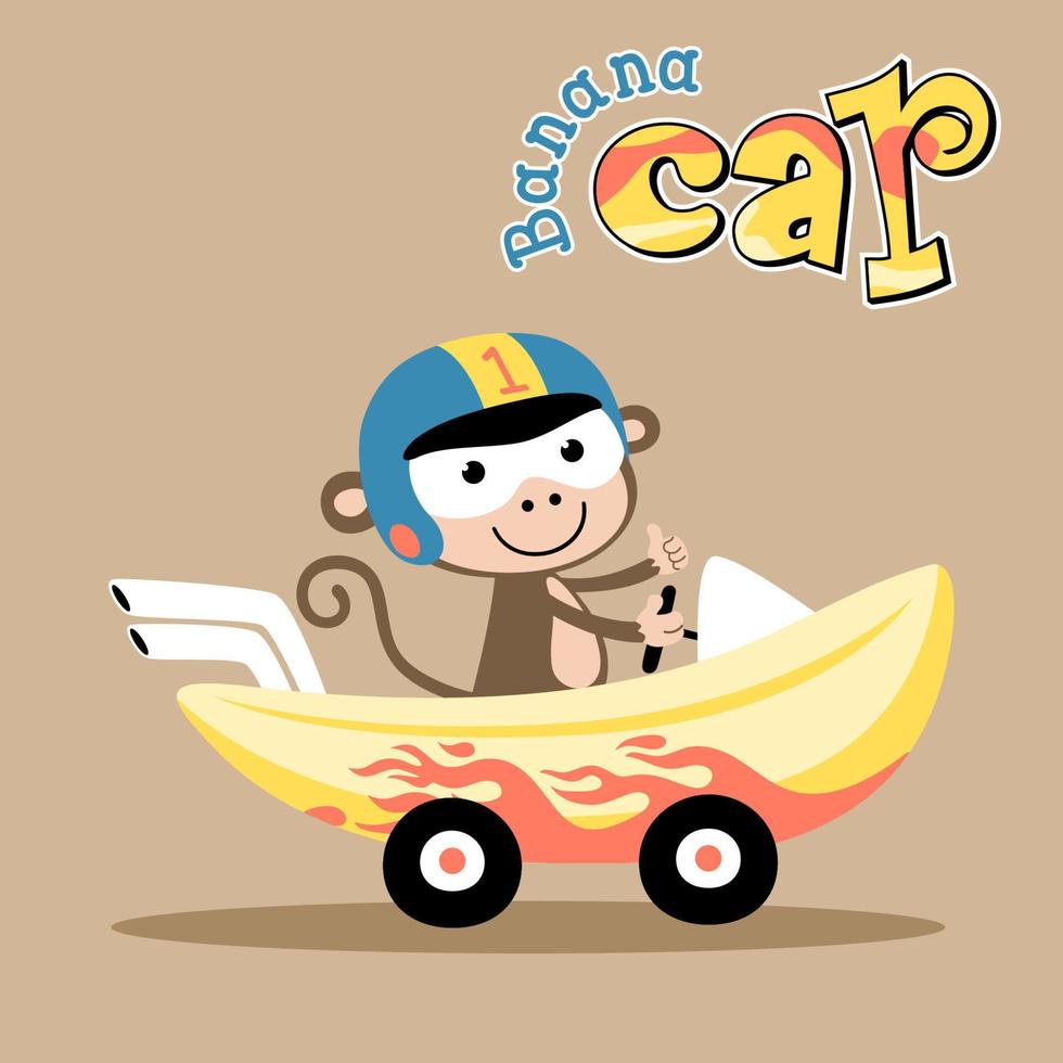 Cute monkey driving banana car, vector cartoon illustration