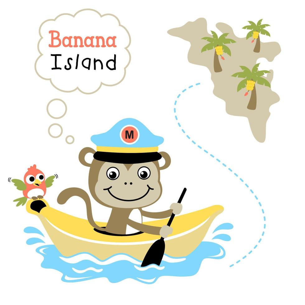 Funny monkey with little bird on banana boat go to banana island, vector cartoon illustration