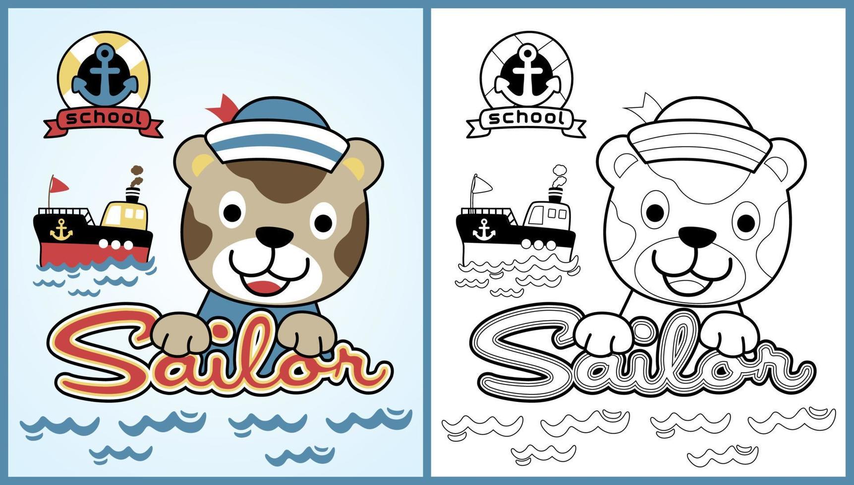 vector cartoon of cat the sailor with a boat, sailing element, coloring page or book