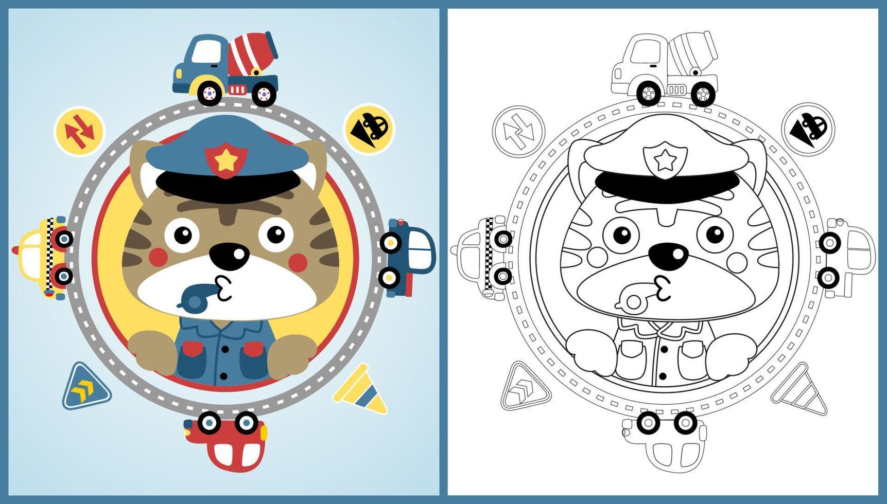 vector cartoon of cute kitten in cop costume with vehicles and road sign, traffic elements, coloring page or book