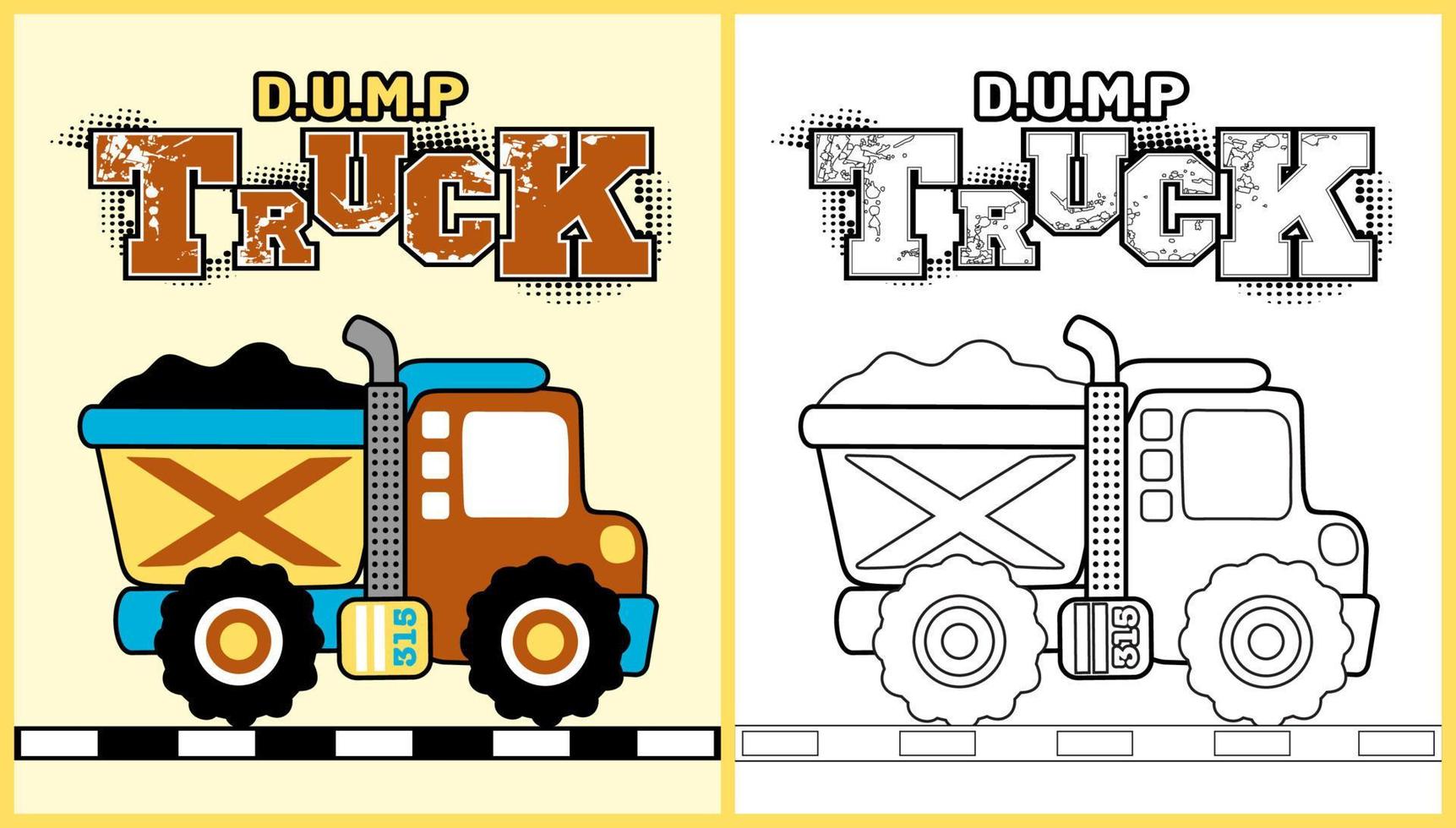 vector cartoon of dump truck, coloring page or book