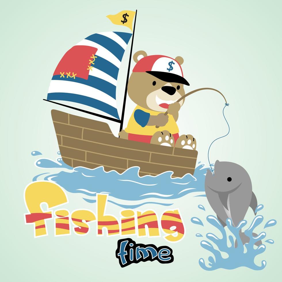 Funny bear fishing on sailboat, vector cartoon illustration