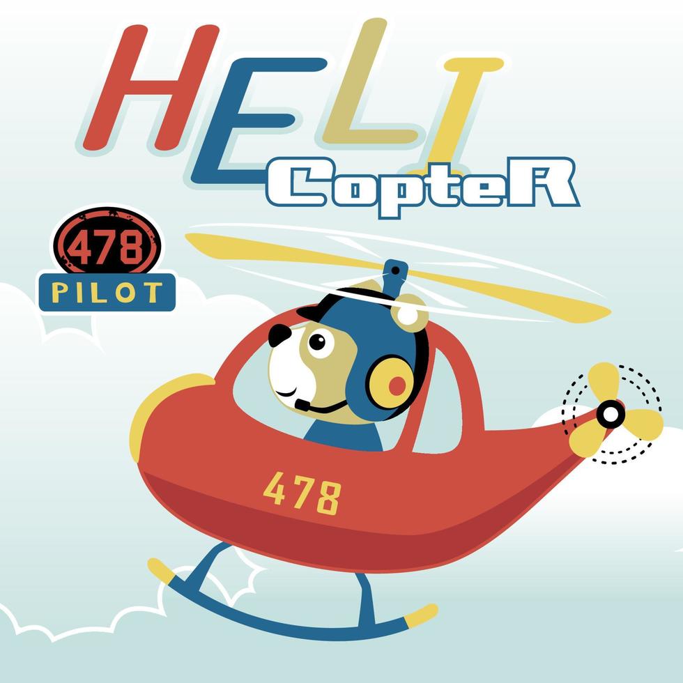 Cute bear pilot on helicopter, vector cartoon illustration