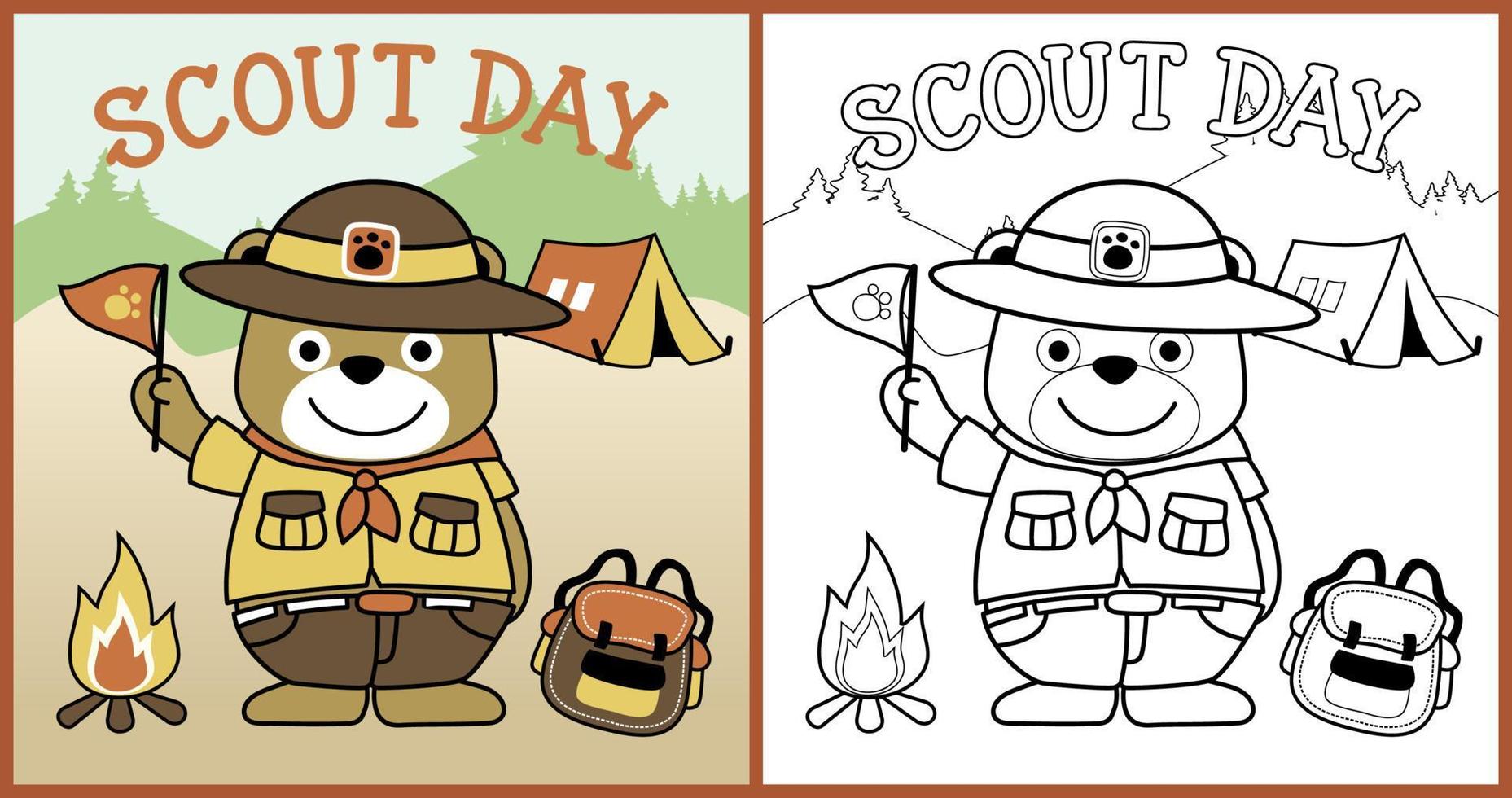 vector cartoon of cute bear in scout uniform with encampment elements, coloring book or page