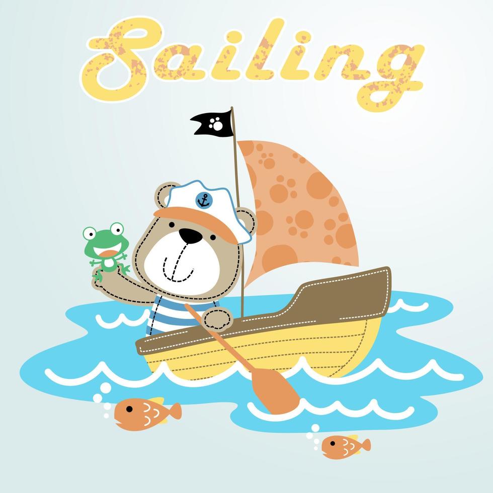 Cute bear with frog on sailboat with fishes, vector cartoon illustration