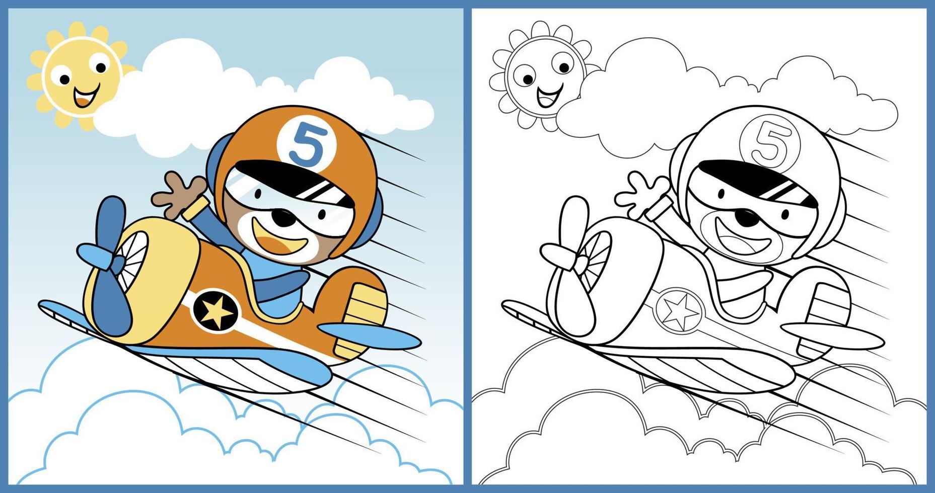 vector cartoon of cute bear pilot on airplane with smiling sun behind clouds, coloring book or page